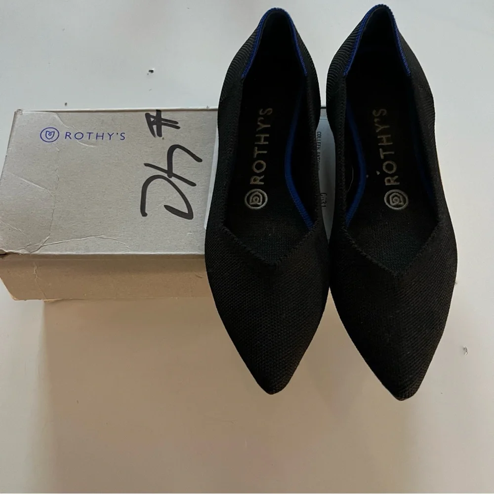 Rothy's Black Pointed Toe Flats with Blue Trim - Picture 7 of 7
